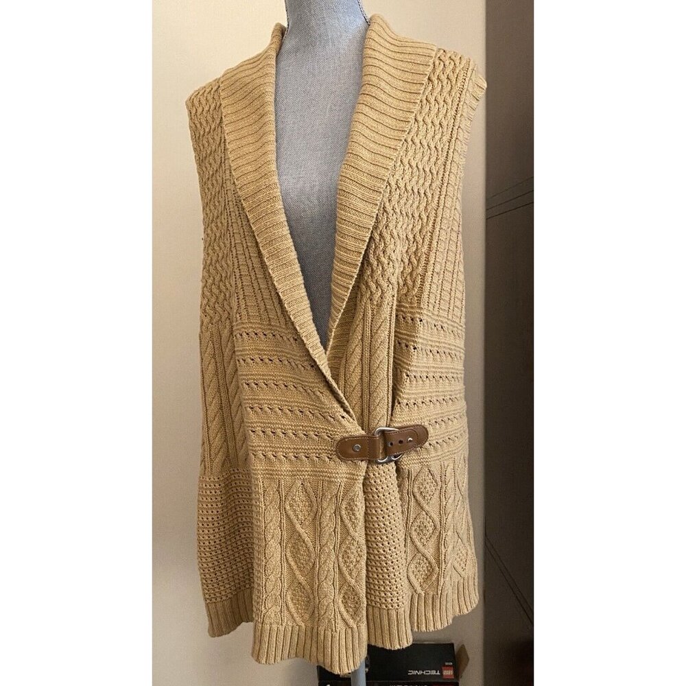 Ralph Lauren Camel Tan Brown Wrap Tunic Cotton Blend Cable Knit Sweater Vest 1X